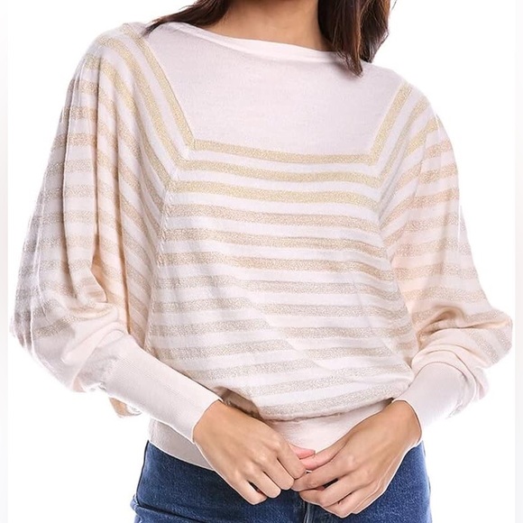 Trina Turk • Carraway Merino Wool Gold Stripe Boatneck Dolman Sleeve Sweater - Picture 1 of 9